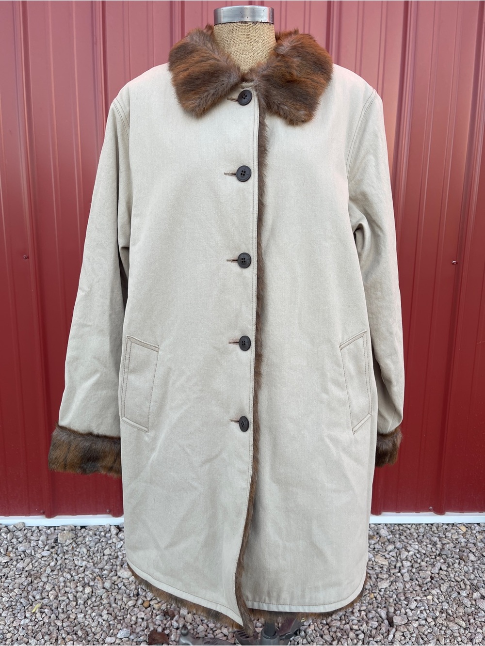 Denim&Co Beige Coat with Brown Fur Trim